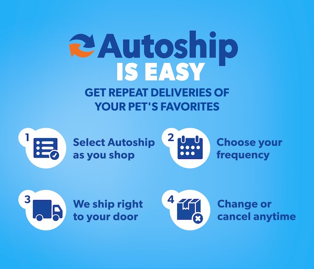 Autoship is easy. Get repeat deliveries of your pet's favorites. 1 Select Autoship as you shop. 2 Choose your frequency. 3 We ship right to your door. 4 Change or cancel anytime.